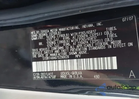 2007 Toyota Sequoia Limited V8 z USA, uszkodzony, nr VIN 5TDBT48A67S290028